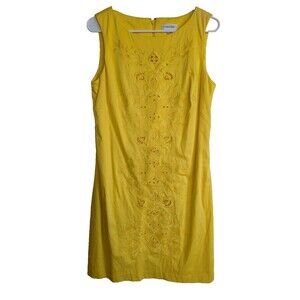 Calvin Klein Yellow Eyelet Embroidered Sleeveless Dress Size 8 Summer